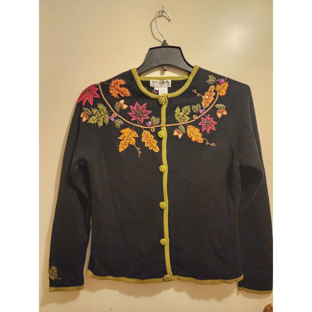 Jack B Quick Petites Black Beaded Fall Leaf Cardigan Sweater Ramie Cotton PL